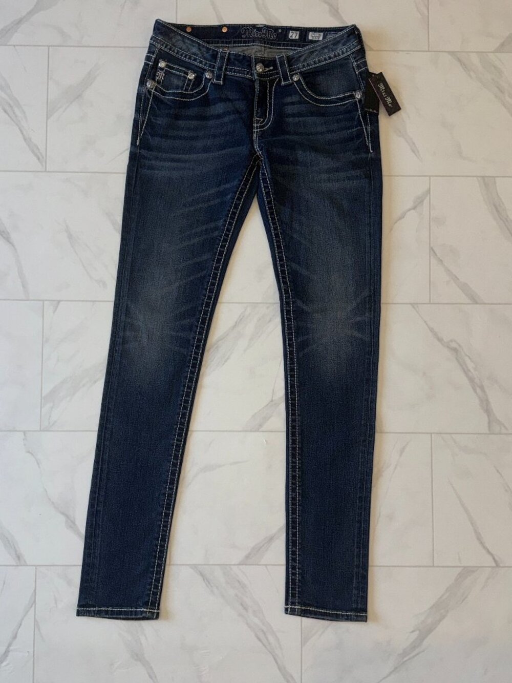 NWT Miss Me Fleur de Lis Wing Skinny Jeans - Dark Wash Embellished, Size 27